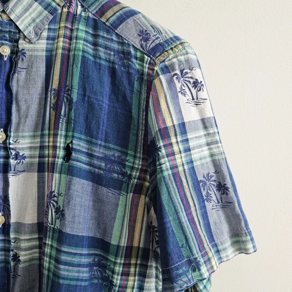 VTG Ralph Lauren Plaid Palms Short Sleeve Button Down Shirt Blue Green Youth XL